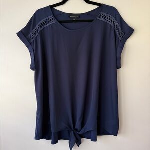 Fortune + Ivy Navy Crochet-Trim Tie-Hem Blouse